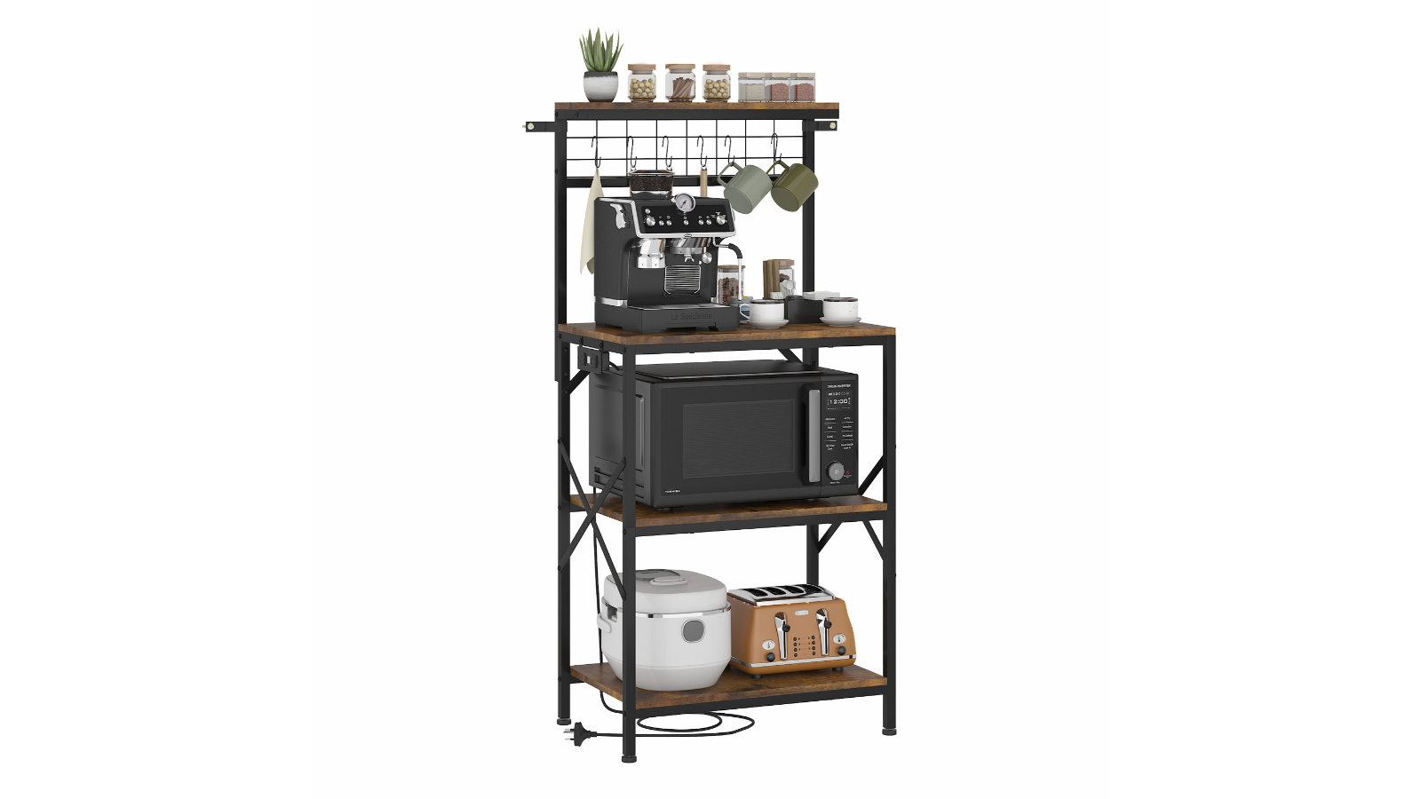 Advwin 4-Tier Kitchen Baker Rack with Power Outlet Microwave Storage - Rustic Brown