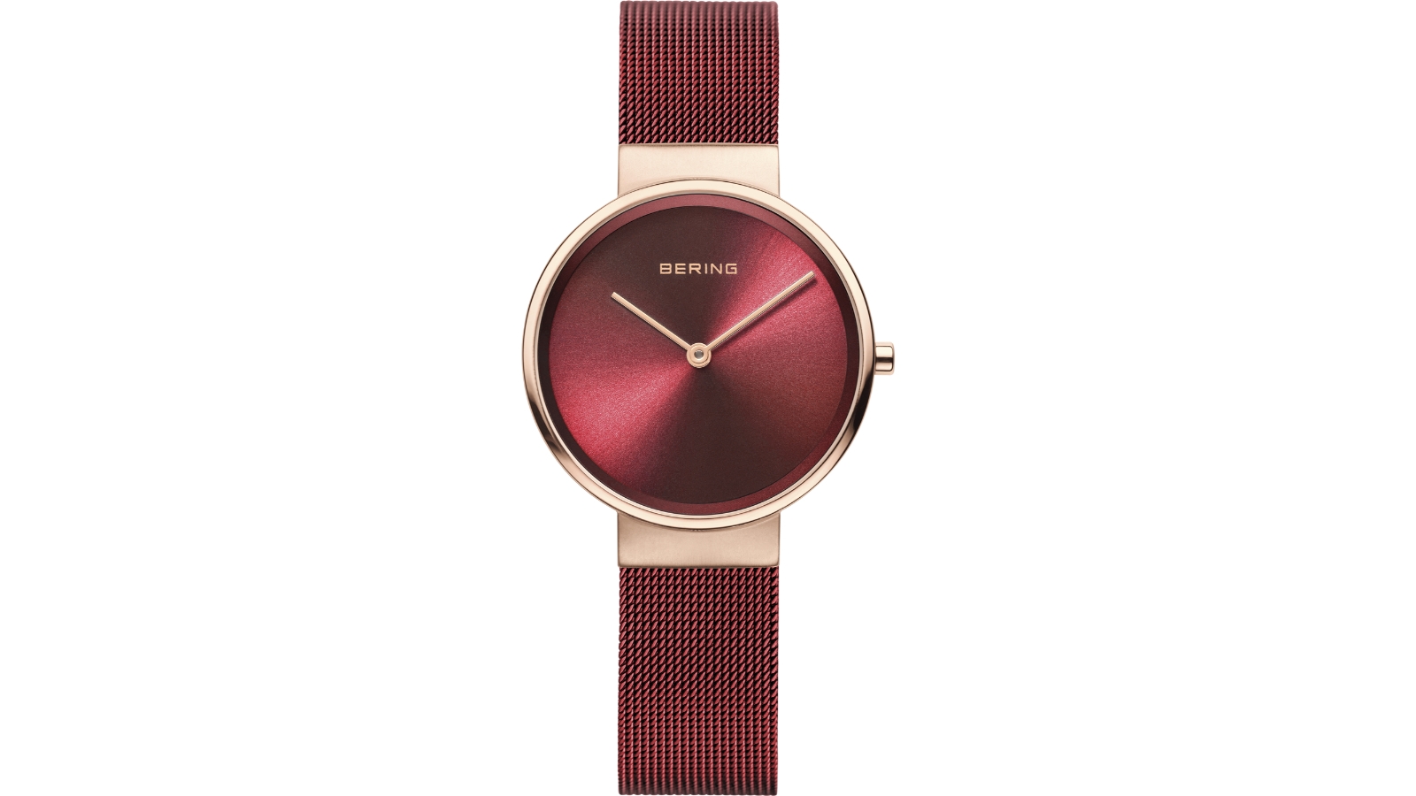 Bering Classic 3.1cm Brushed Rose Gold Red Mesh Watch