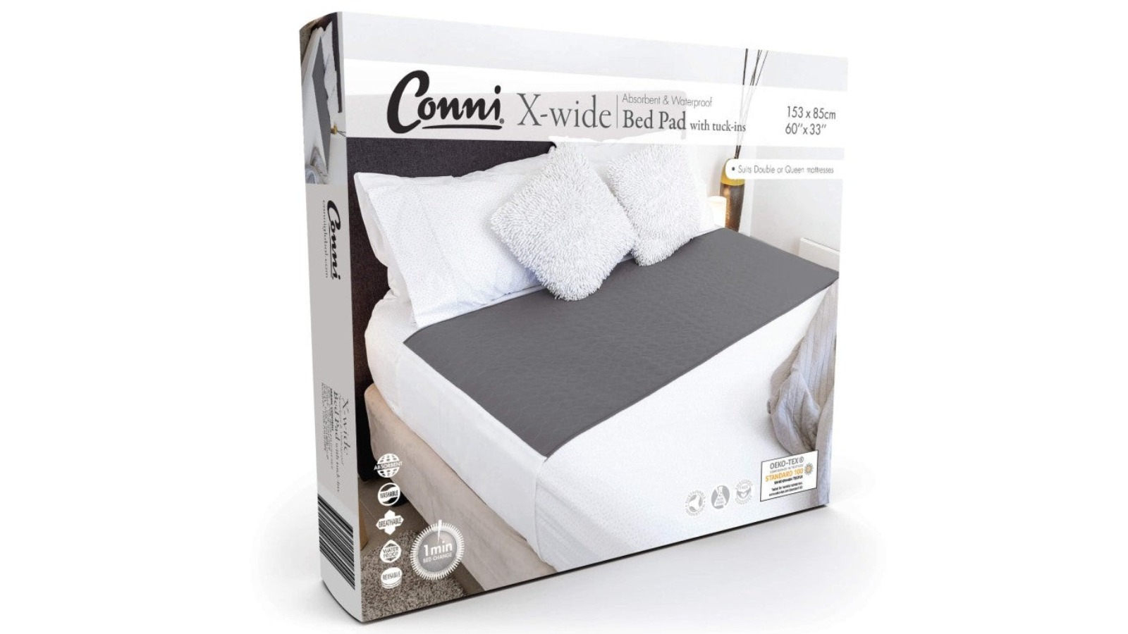 Conni 153 x 85cm X-Wide Absorbent Bed Pad with Tuck-in - Charcoal