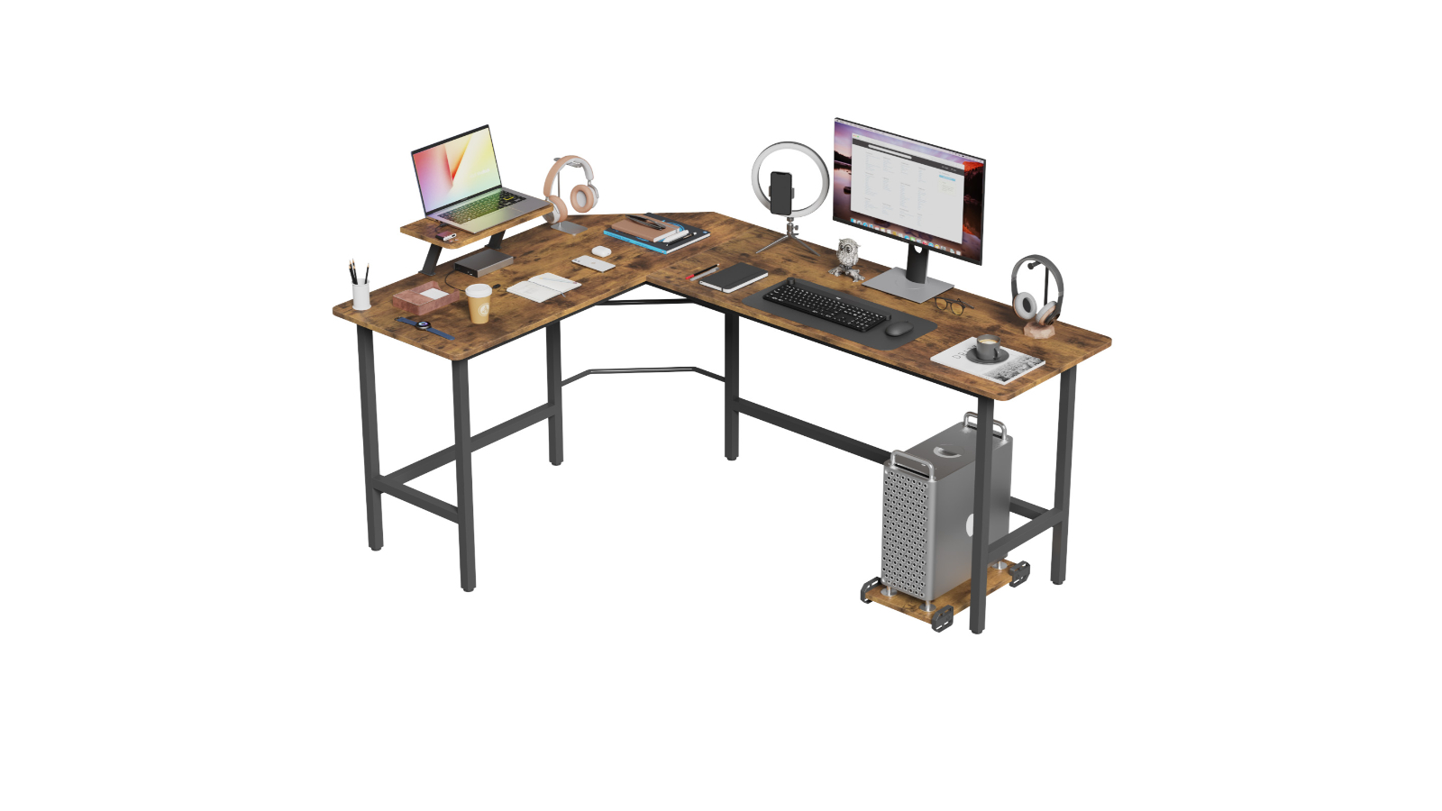 Advwin L-Shaped Corner Desk with Removable Shelf - Walnut