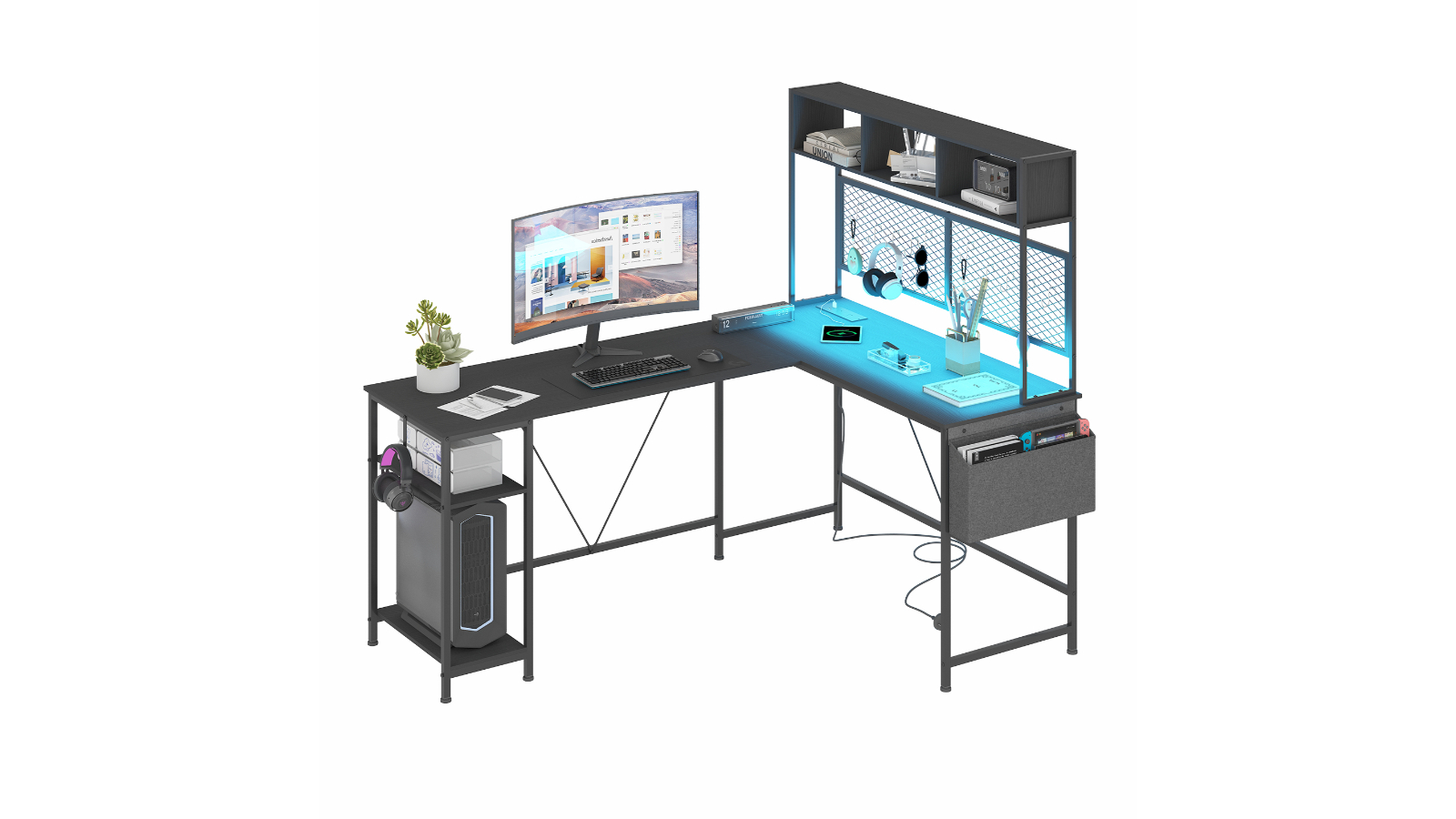 Advwin 150cm L-Shaped Reversible Computer Desk with LED Light - Black