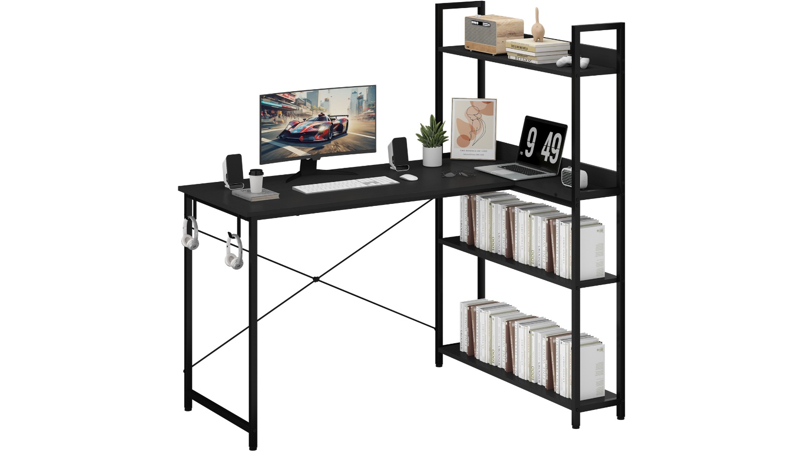 Advwin 110cm L-Shaped Computer Desk with Reversible Storage Shelf - Black