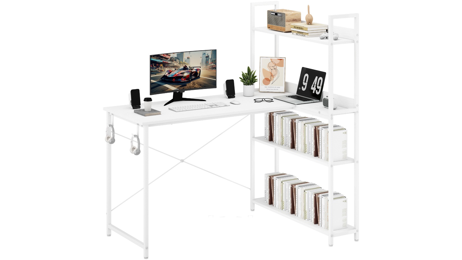 Advwin 110cm L-Shaped Computer Desk with Reversible Storage Shelf - White