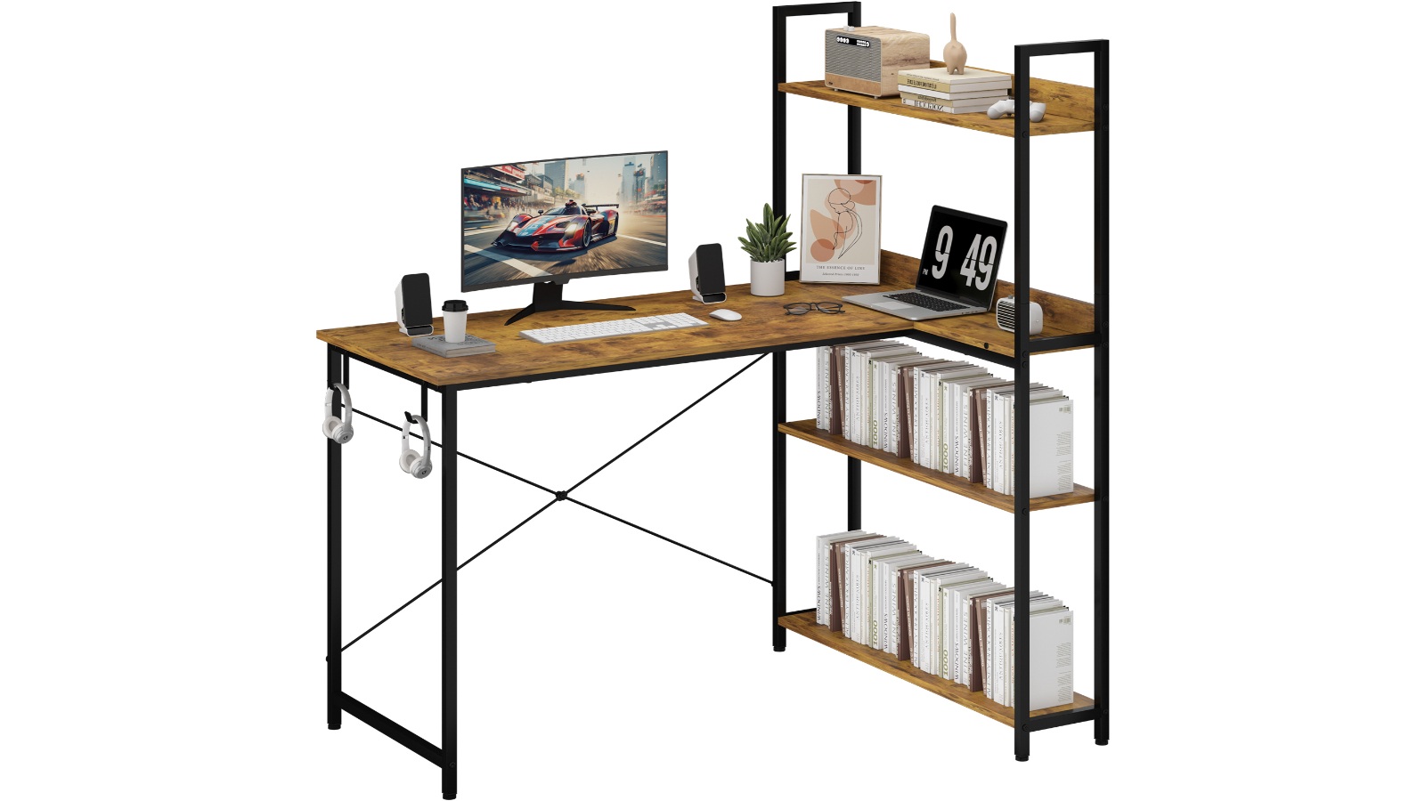 Advwin 110cm L-Shaped Computer Desk with Reversible Storage Shelf - Walnut