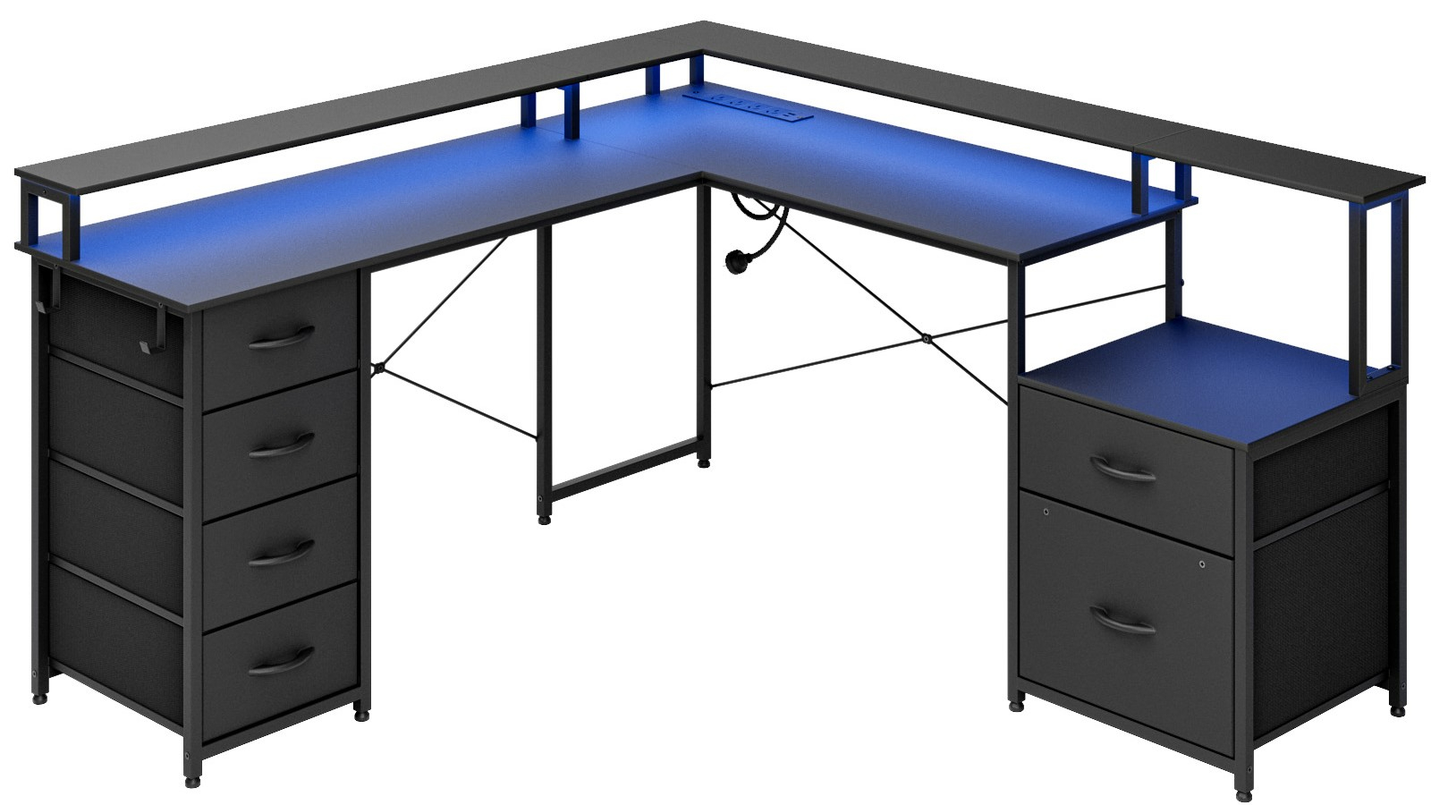 Advwin L Shaped Gaming Desk with LED Lights and Power Outlet - Black