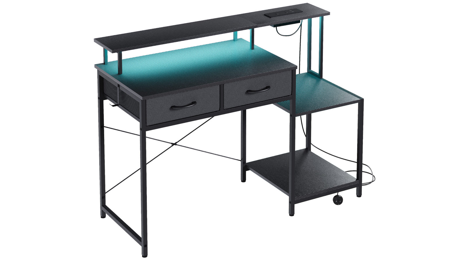 Advwin Gaming Desk with LED Lights & Power Outlets and Drawers & Monitor Shelf - Black