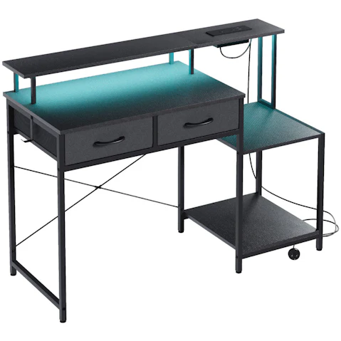 Advwin Gaming Desk with LED Lights & Power Outlets and Drawers & Monitor Shelf - Black