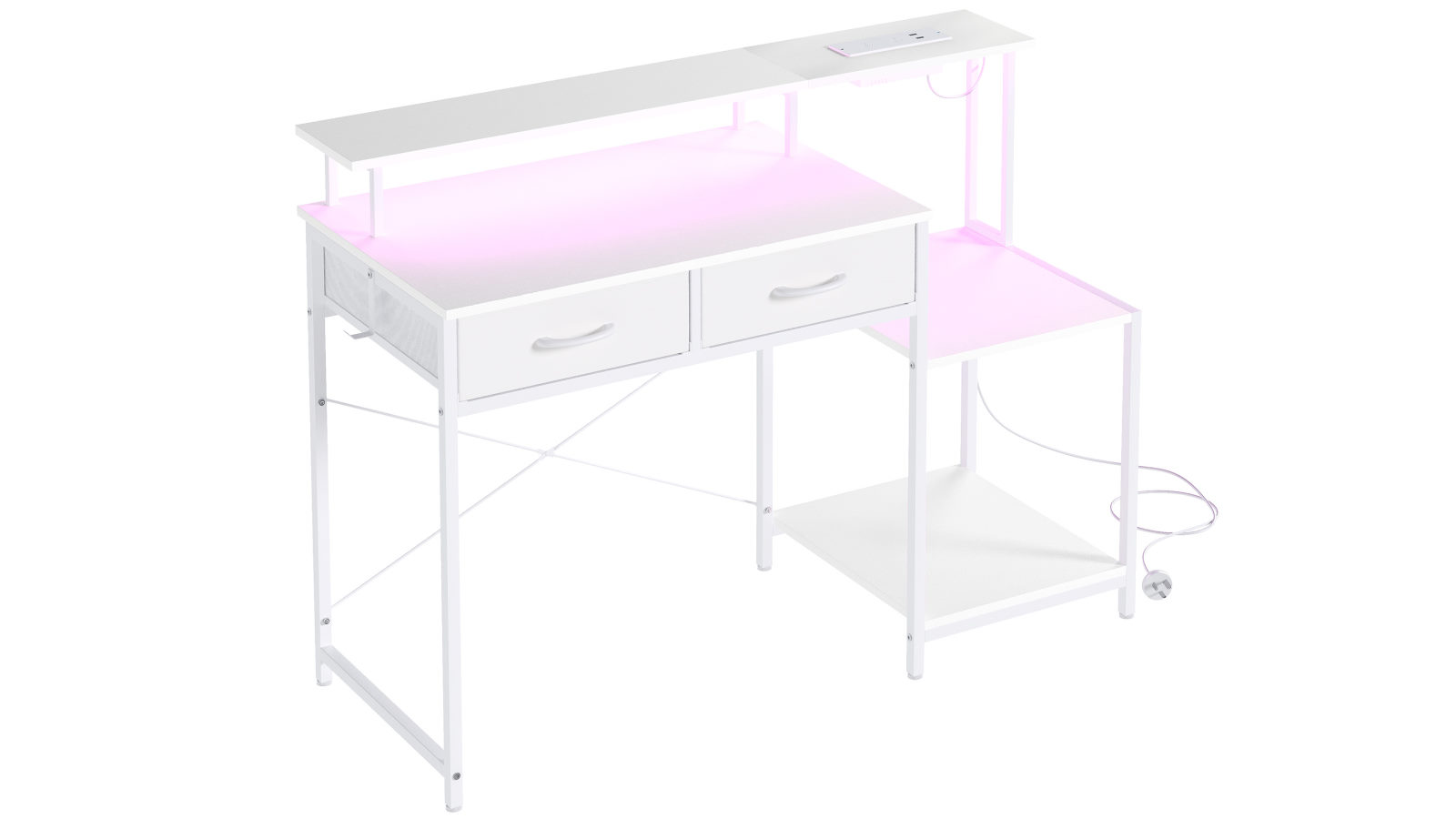 Advwin Gaming Desk with LED Lights & Power Outlets and Drawers - White