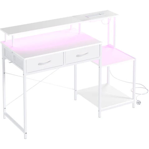 Advwin Gaming Desk with LED Lights & Power Outlets and Drawers - White