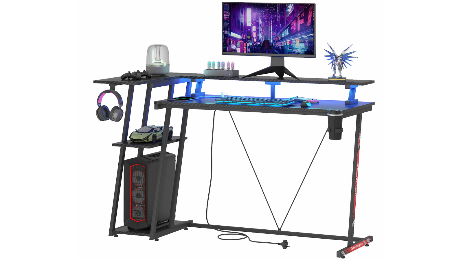 Advwin 140cm L-Shaped Gaming Desk with LED, Power, Storage and Stand - Black