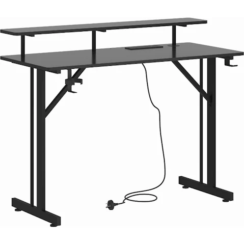 Advwin 100cm Gaming Desk with LED Lights, Power Outlet, Monitor Stand Cup Holder, and Headphone Hook - Black