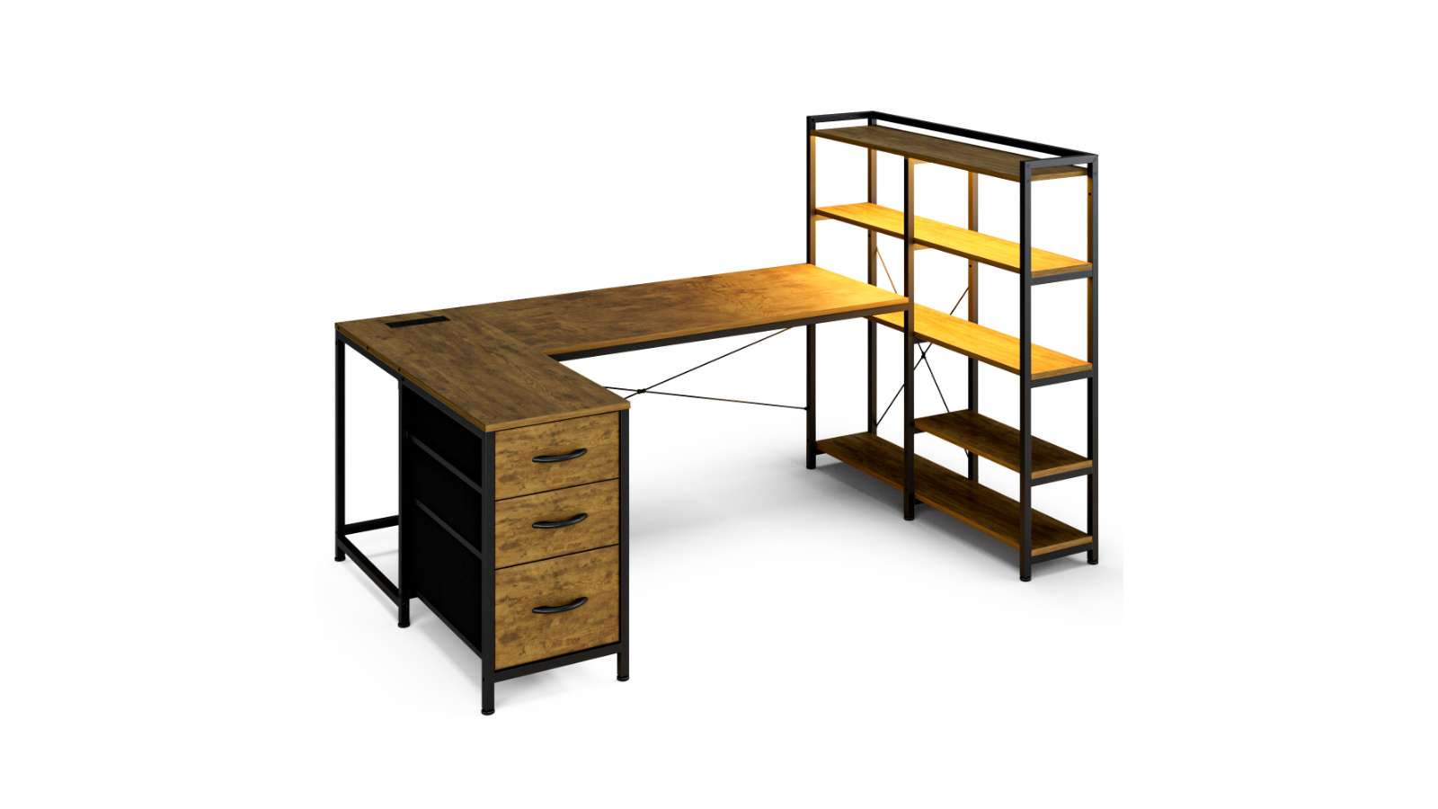 Advwin 164cm U-Shaped Gaming Desk with LED Light, Power Outlet, 3-Drawer, and Bookshelf - Walnut