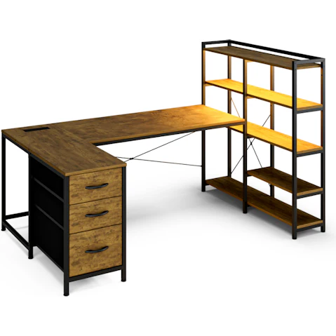 Advwin 164cm U-Shaped Gaming Desk with LED Light, Power Outlet, 3-Drawer, and Bookshelf - Walnut