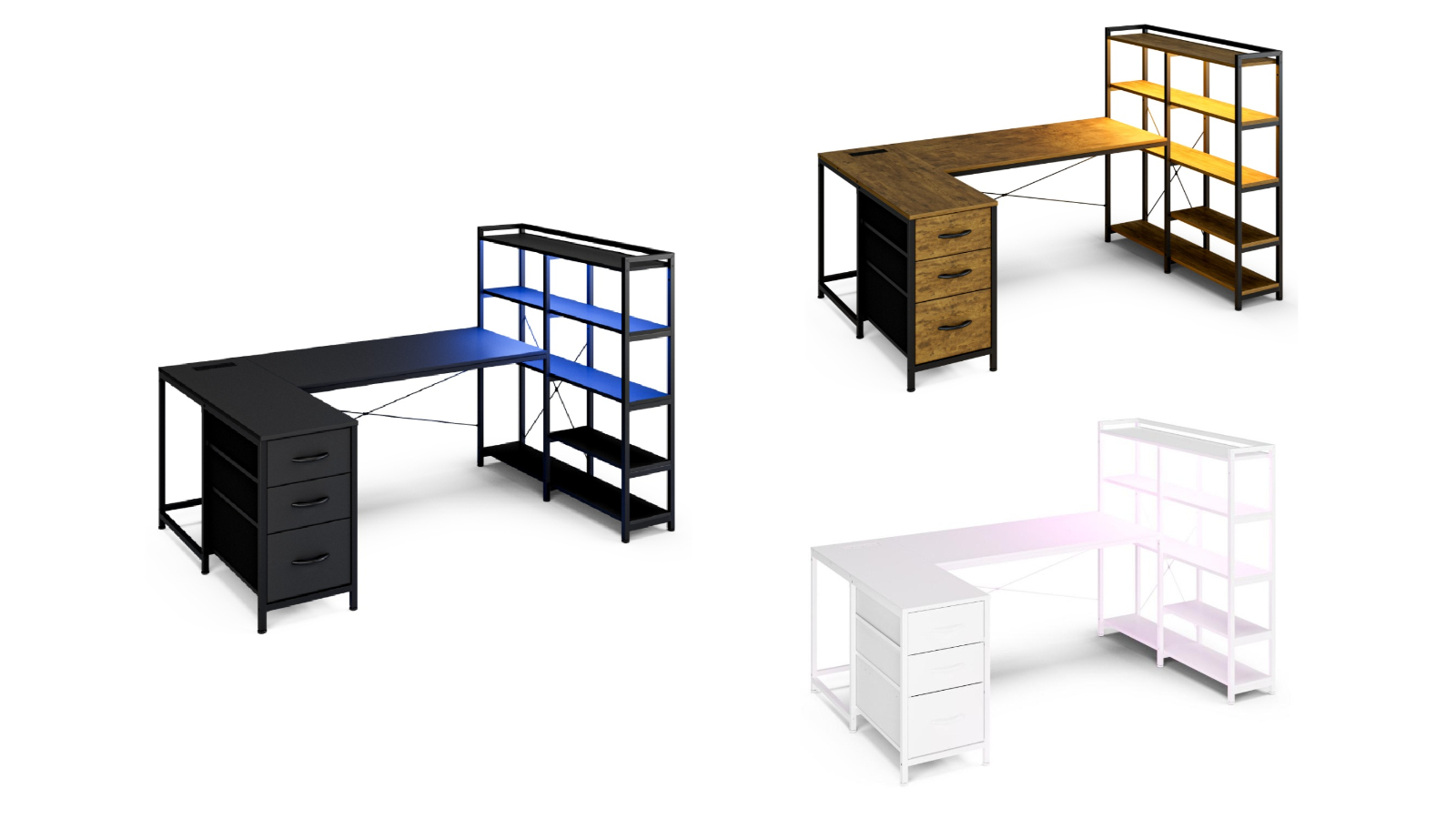 Advwin 164cm U-Shaped Gaming Desk with LED Light, Power Outlet, 3-Drawer, and Bookshelf