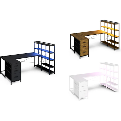 Advwin 164cm U-Shaped Gaming Desk with LED Light, Power Outlet, 3-Drawer, and Bookshelf