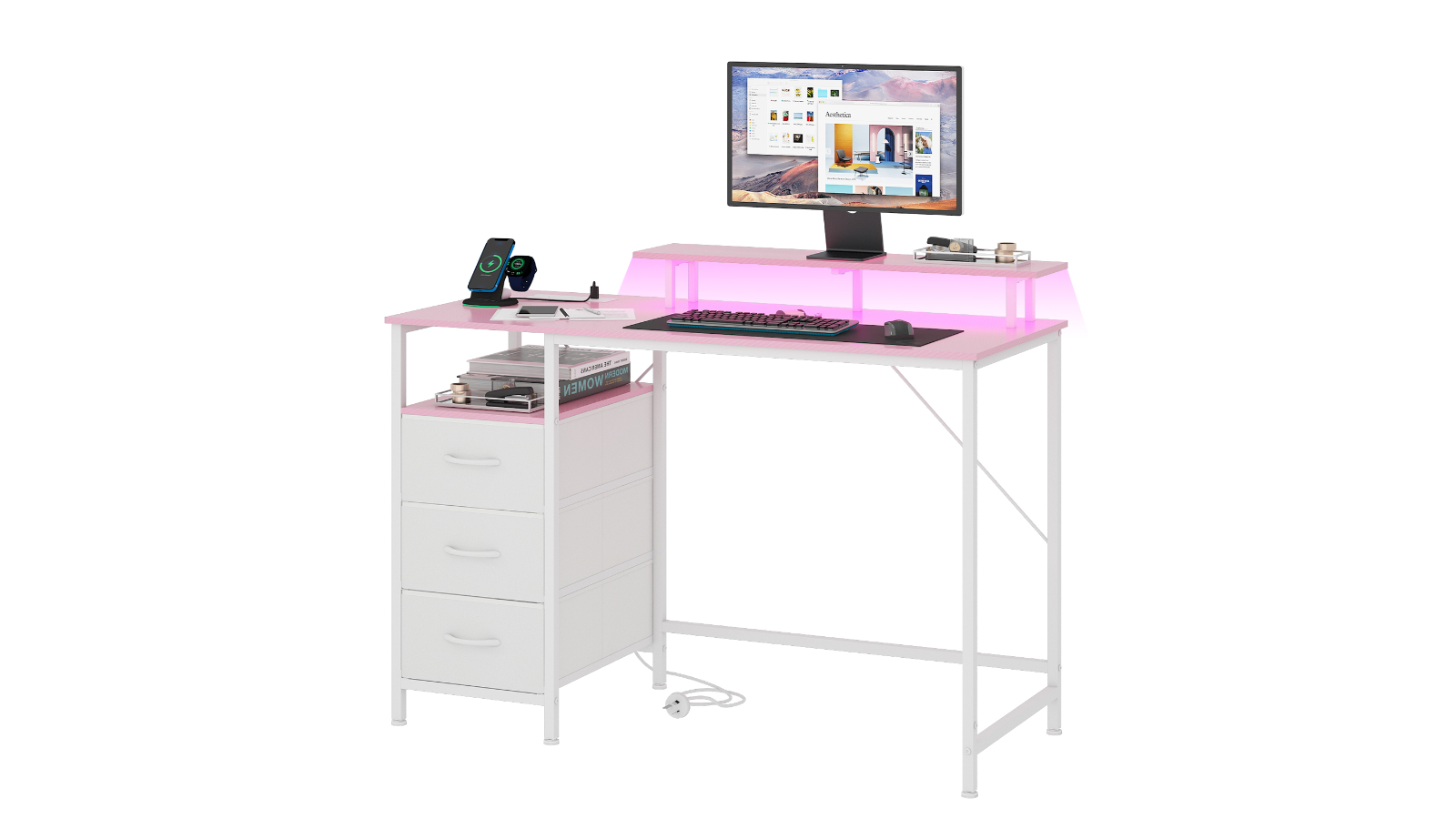 Advwin 120 x 50cm Computer Desk with Power Outlets and USB Port - Pink/White