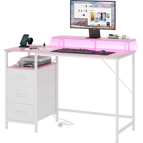 Advwin 120 x 50cm Computer Desk with Power Outlets and USB Port - Pink/White