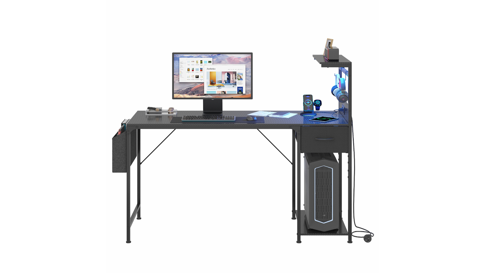 Advwin Gaming Desk with LED Lights and Power Outlet - Black