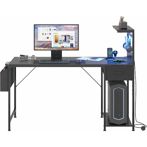 Advwin Gaming Desk with LED Lights and Power Outlet - Black