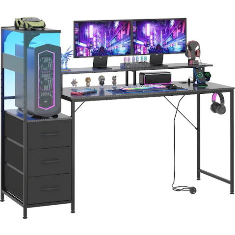 Advwin 151cm Gaming Desk with LED Lights and Power Outlet - Black