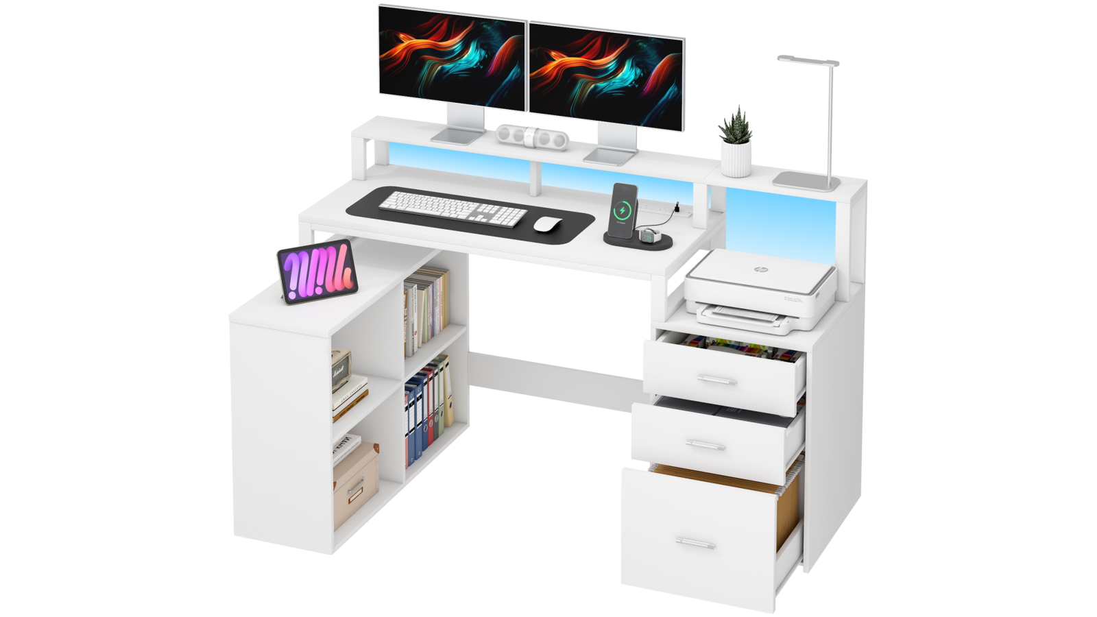 Advwin 151cm L Shaped Computer Desk with LED Lights and Storage - White