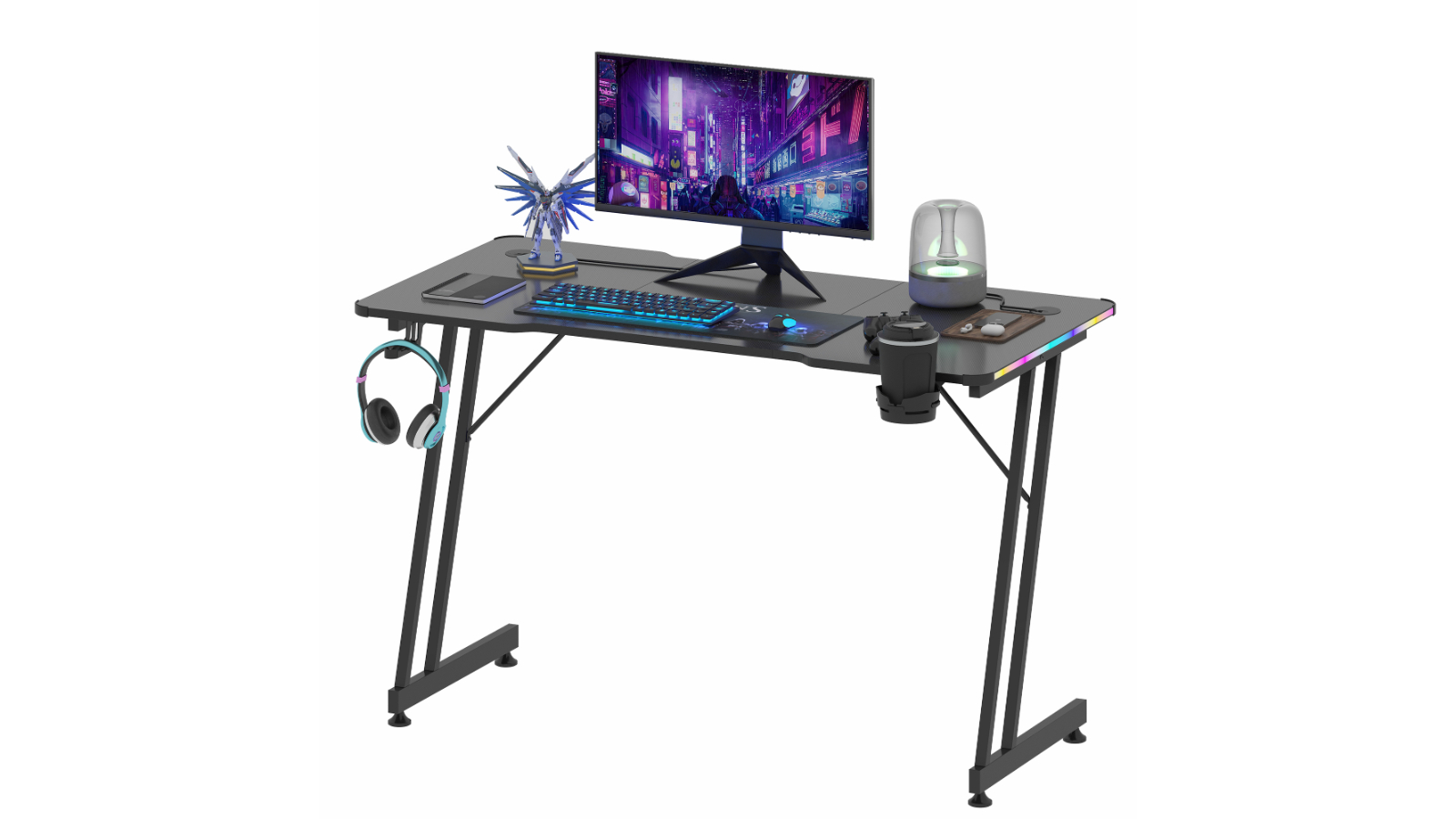 Advwin 120cm Z-Shape LED Office Desk with Cup Holder - Black