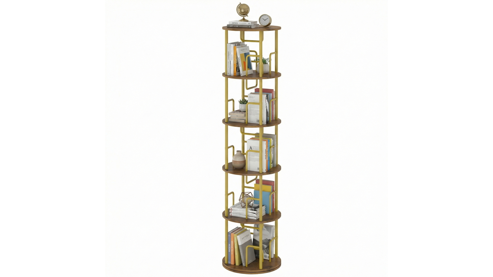 Advwin 5-Tier Round Corner Rotating Bookshelf - Gold
