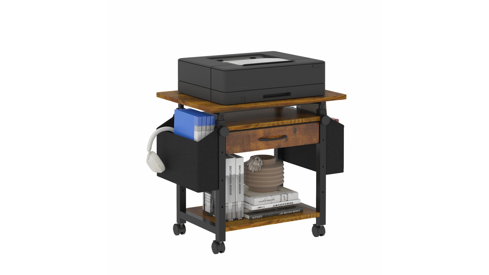 Advwin 3-Tier Height Adjustable Printer Stand with Storage and Wheel - Rustic Brown