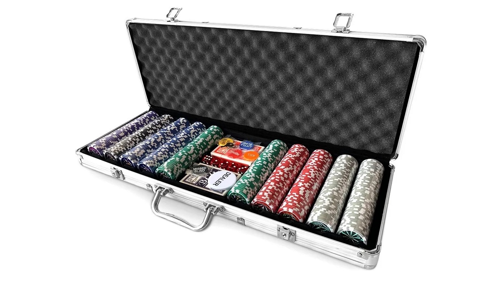 Professional Poker Card Game Set with Casino Dice and 500 Holographic Eagle Chips in Aluminium Case