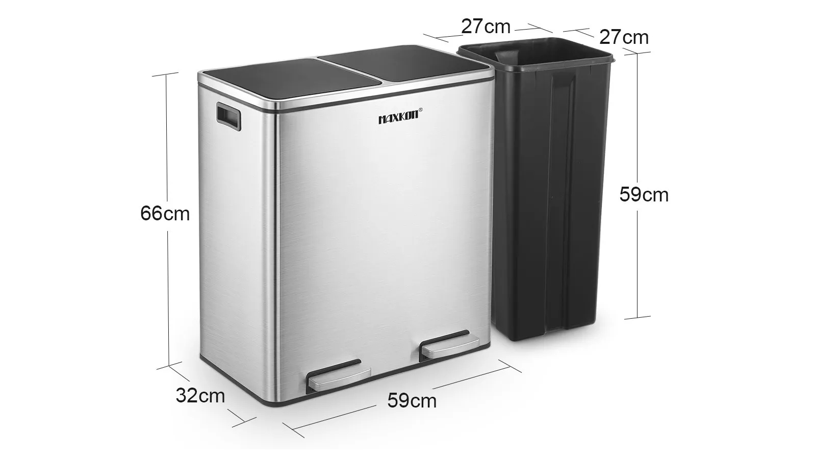 Maxkon 60L Dual Compartmet Stainless Steel Bin with Pedals