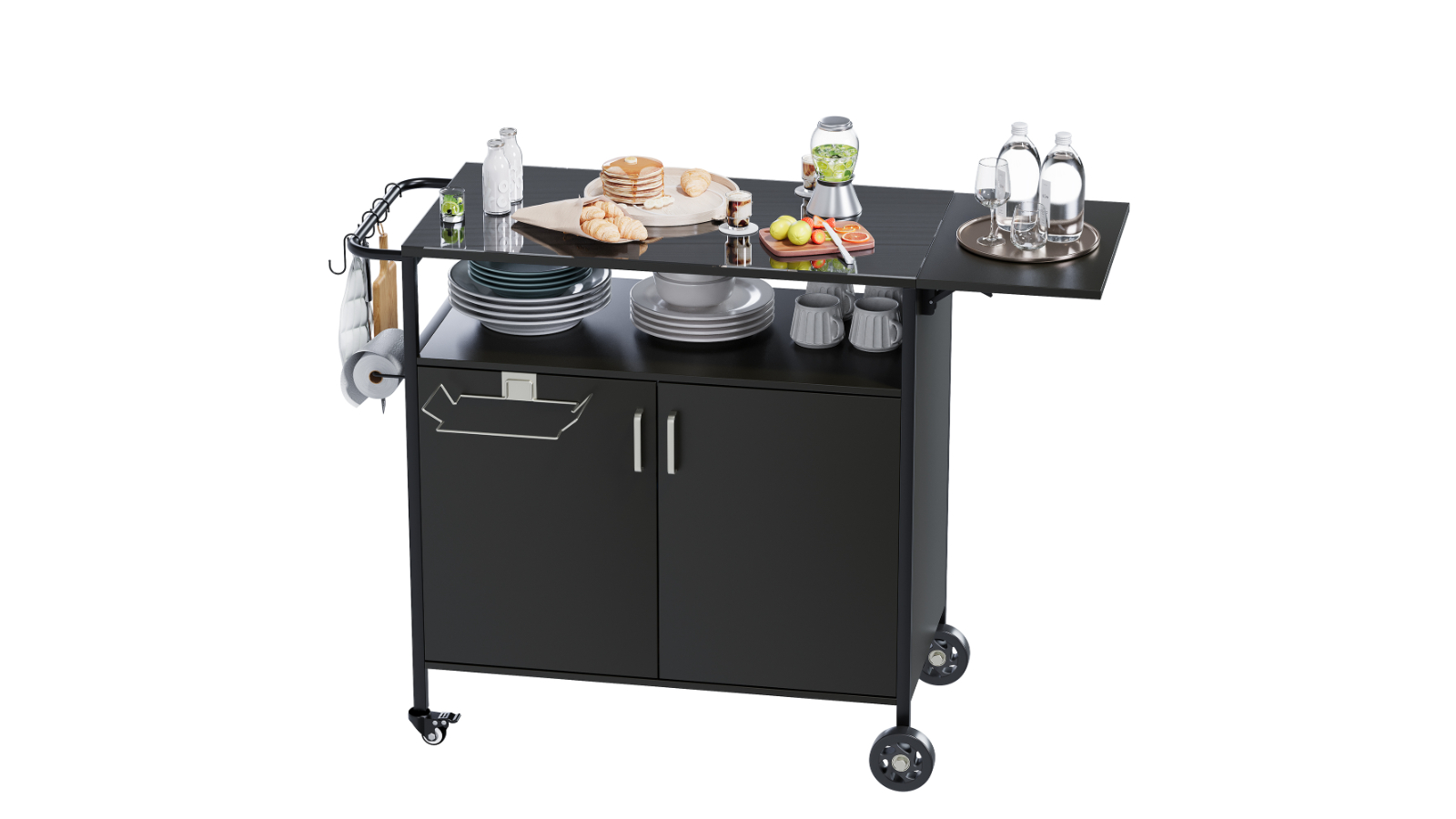 Advwin Mobile Kitchen Island with Grill Cart, Tablemat Holder and Trash Bag Rack - Black