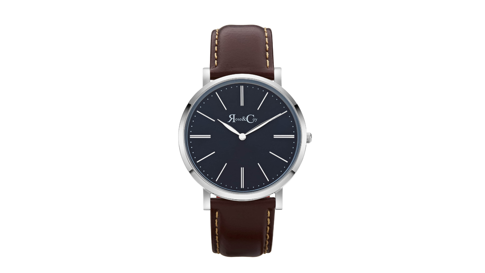 Rose and Coy 4cm Pinnacle Ultra Slim Blue Sunray Dial Dark Brown Leather Watch - Silver