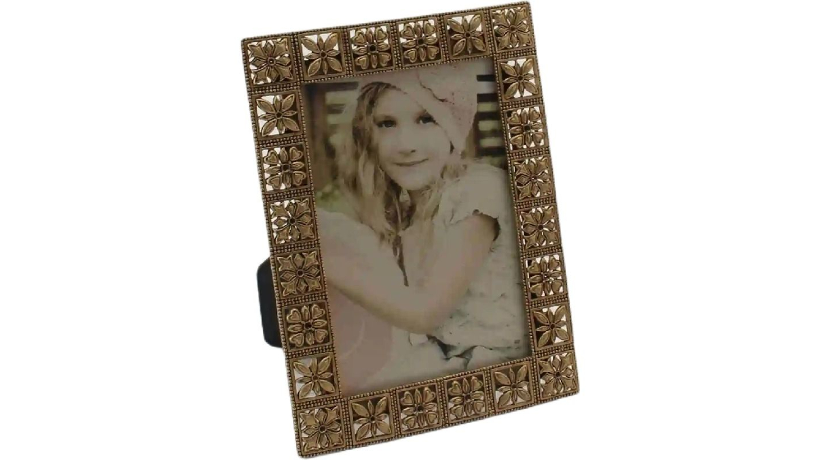 Willow and Silk Antique Gold Metal Photoframe with Square Flower - 14 x 1.5 x 18cm