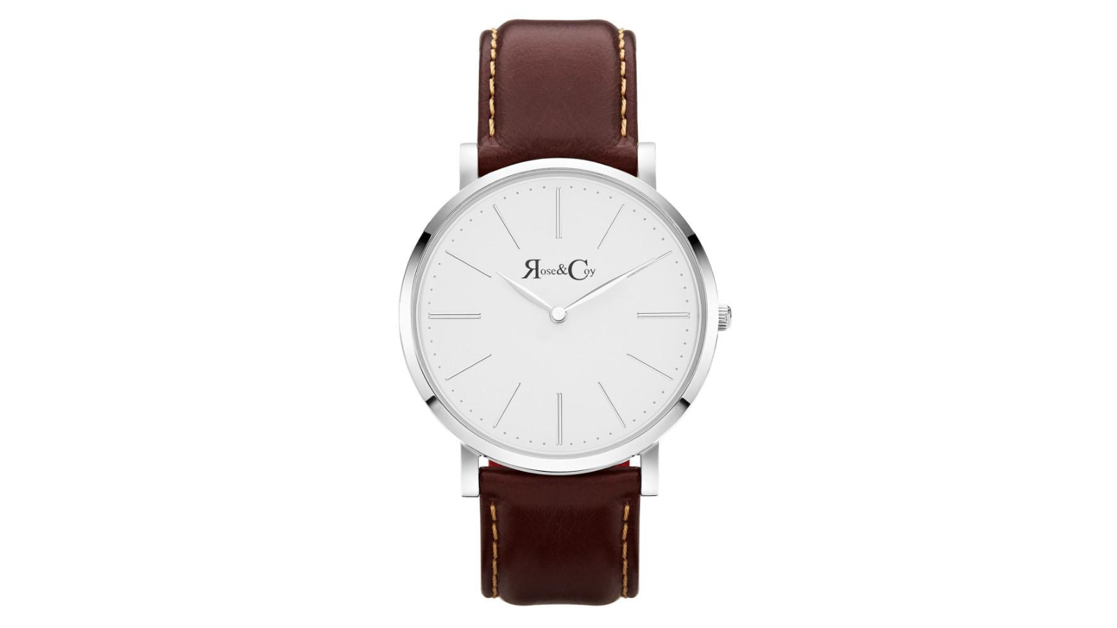 Rose and Coy 4cm Pinnacle Ultra Slim Leather Watch - Silver/Dark Brown
