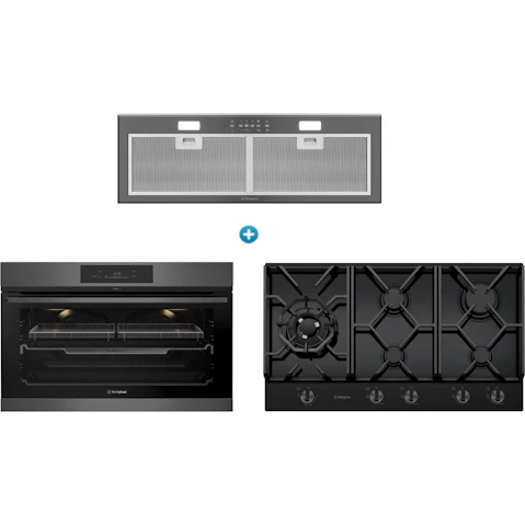 Westinghouse 900mm Multi-Function 17 Pyrolytic Oven with Air Fry with 5 Burner Gas Cooktop and Integrated Rangehood