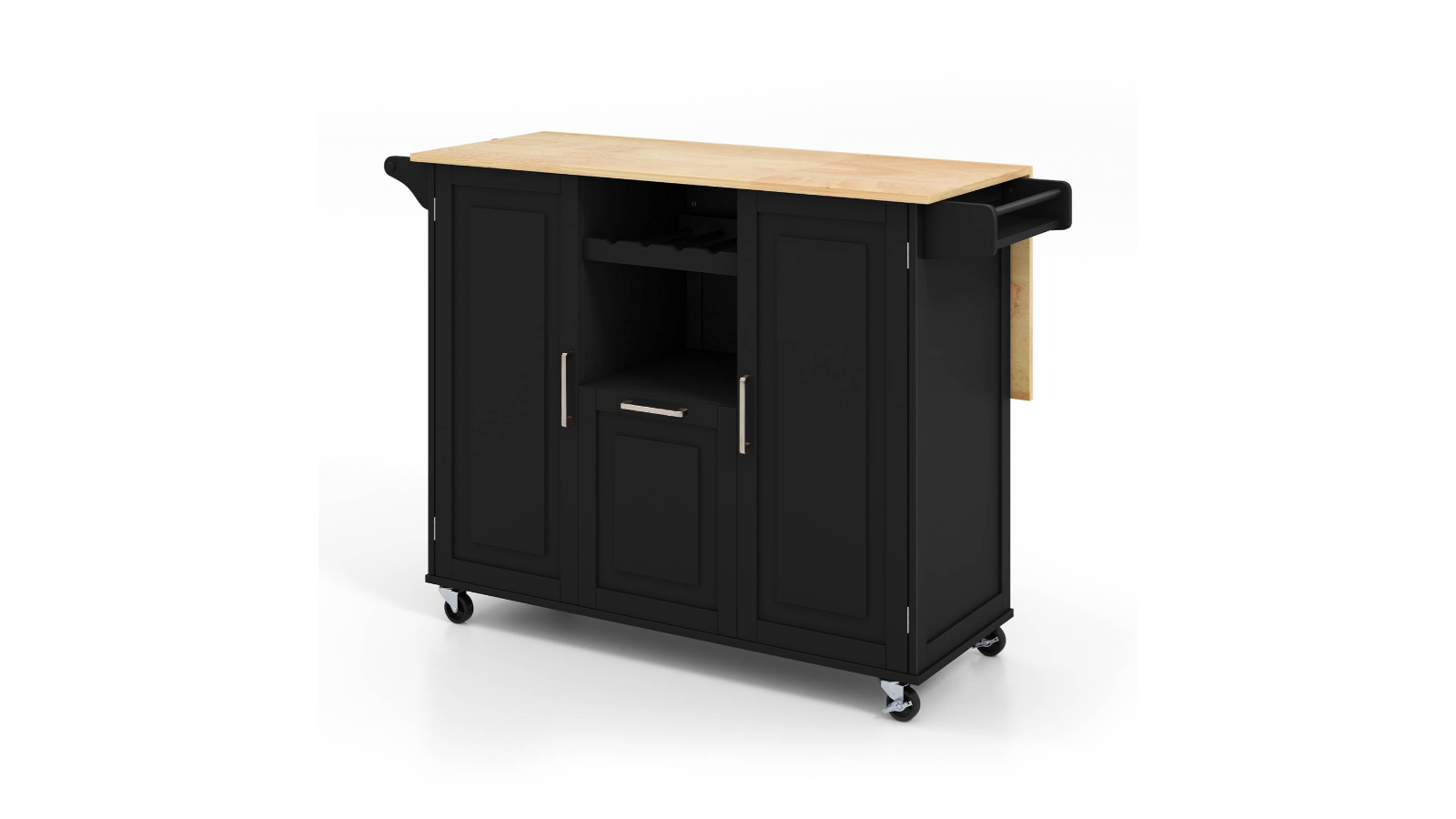 Costway Wood Kitchen Island Trolley Drop-Leaf Top with Wine and Spice Rack - Black