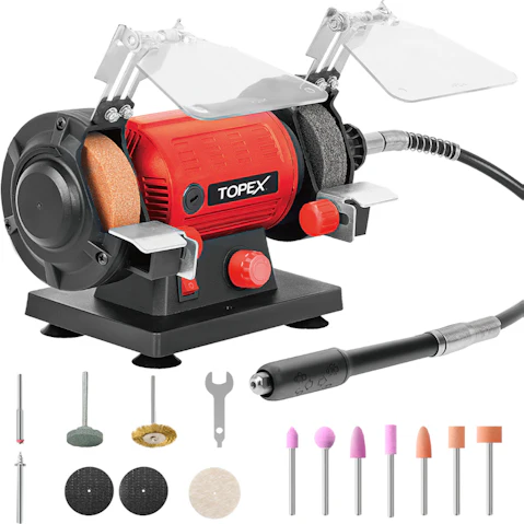 Topex 120W Bench Grinder with Adjustable Tool Rest and Eye-Protecting Shield