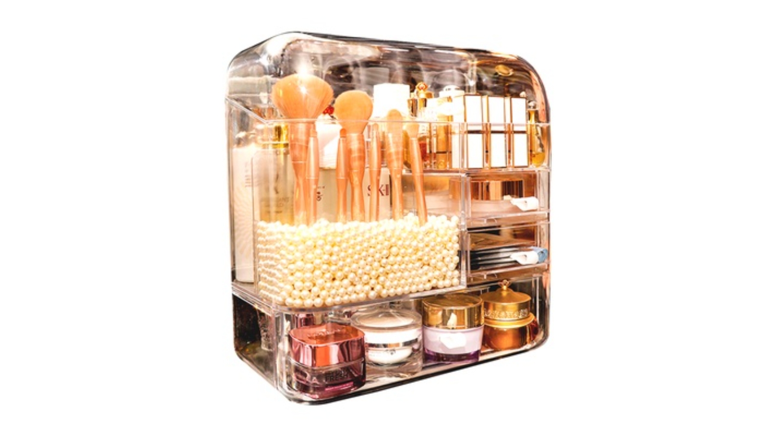 Soga Cosmetic Storage Box Clear Makeup Skincare Holder with Pearls -Transparent