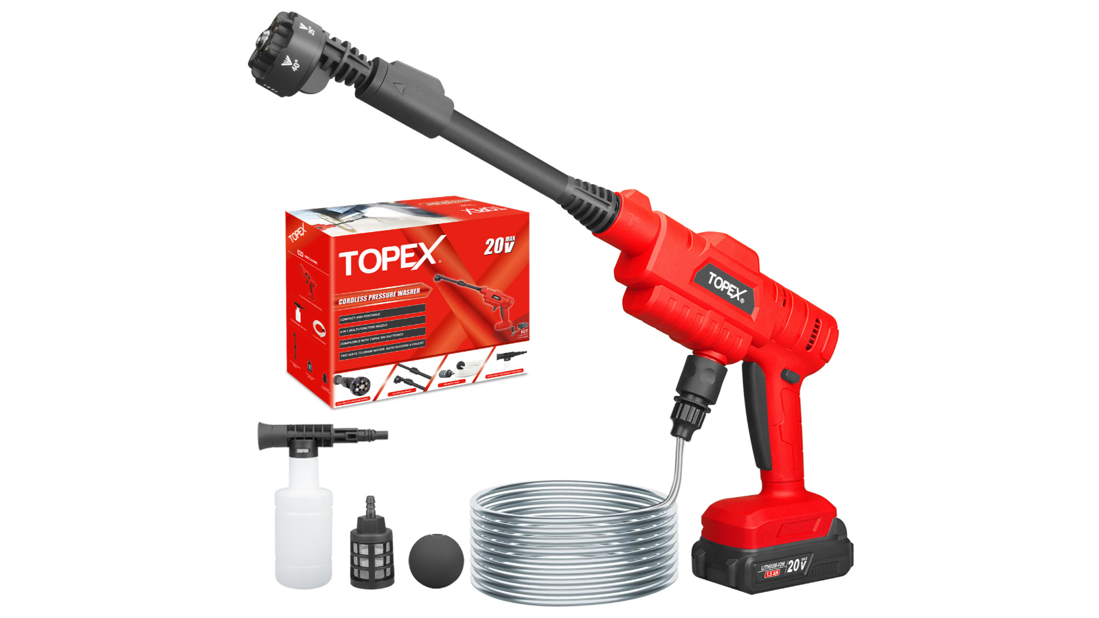 TOPEX 20V Cordless Pressure Washer 6-in-1 Nozzle for Washing 