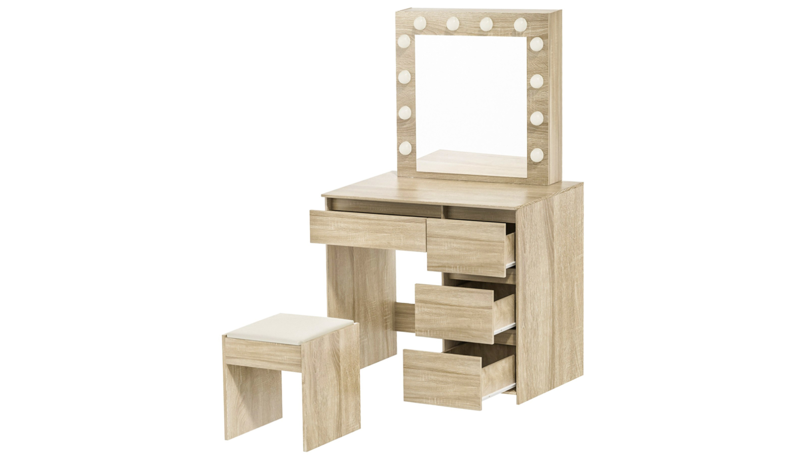 Levede Oak Vanity Set with LED Lights and Padded Stool - Complete Makeup Station