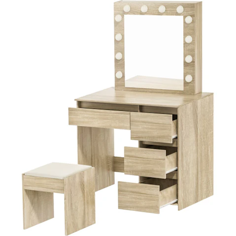 Levede Oak Vanity Set with LED Lights and Padded Stool - Complete Makeup Station