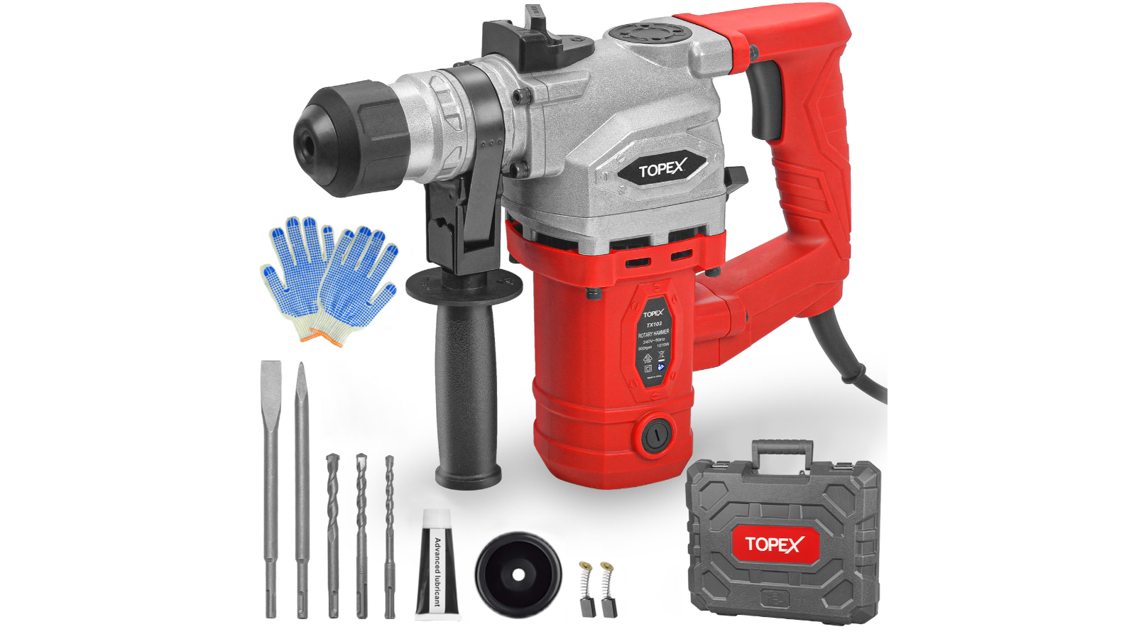 TOPEX 1010W SDS+ Rotary Hammer Drill Demolition Jack Hammer Kit with Chisels Drill