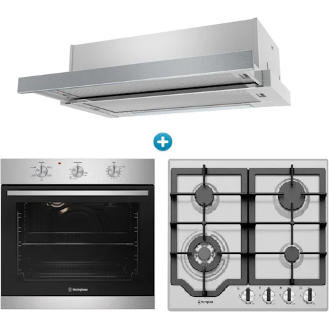 Westinghouse 600mm Multi-Function 5 Electric Oven with 4 Burner Gas Cooktop and Slimline Slide-Out Rangehood