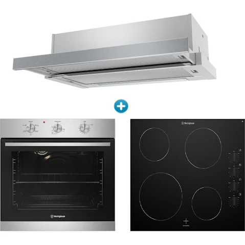 Westinghouse 600mm Multi-Function 5 Electric Oven with 4 Zone Ceramic Cooktop and Slimline Slide-Out Rangehood