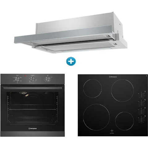 Westinghouse 600mm Multi-Function 5 Oven with 4 Zone Ceramic Cooktop with Knob Control and Slimline Slide-Out Rangehood