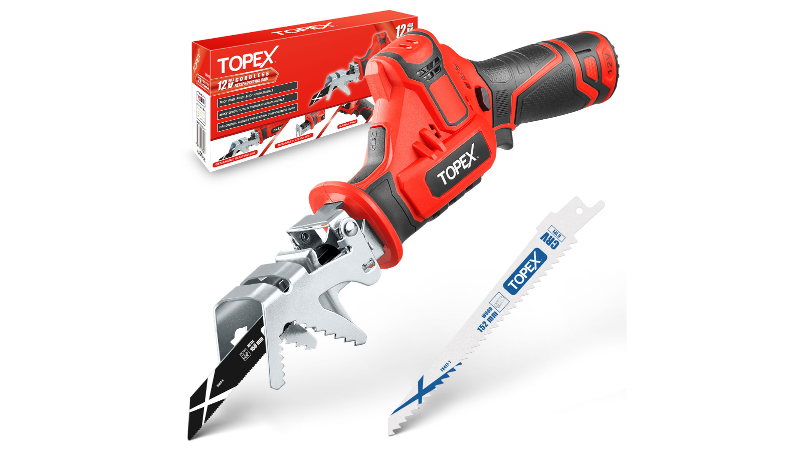 Topex 12V Cordless Reciprocating Saw with 2 Blade and Clamping Claw