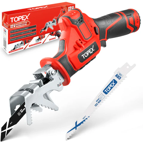 Topex 12V Cordless Reciprocating Saw with 2 Blade and Clamping Claw