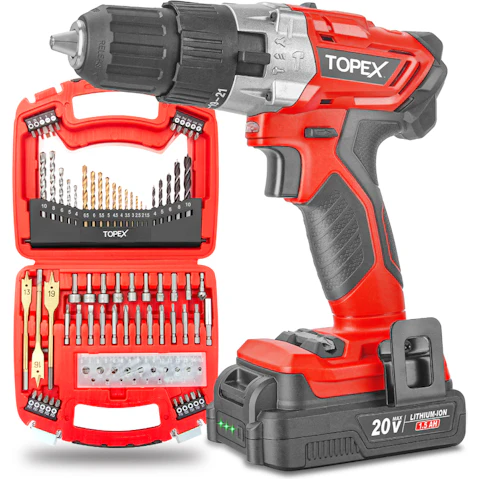 Topex 20V Max Cordless Hammer Drill with Lithium Ion Battery and Drill Bit Set