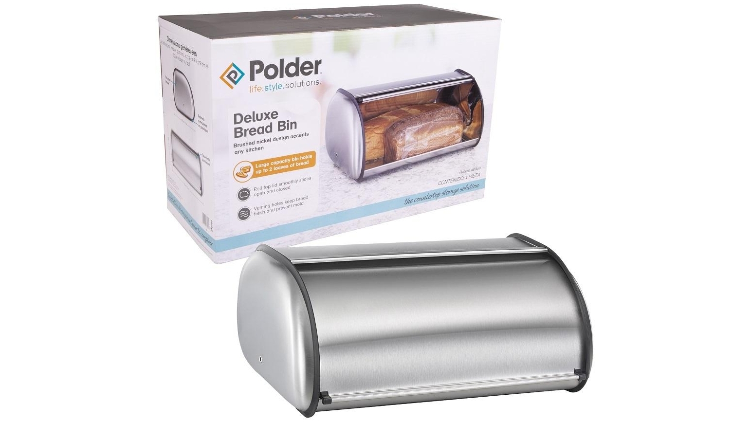 Polder Deluxe Bread Bin - Brushed Nickel