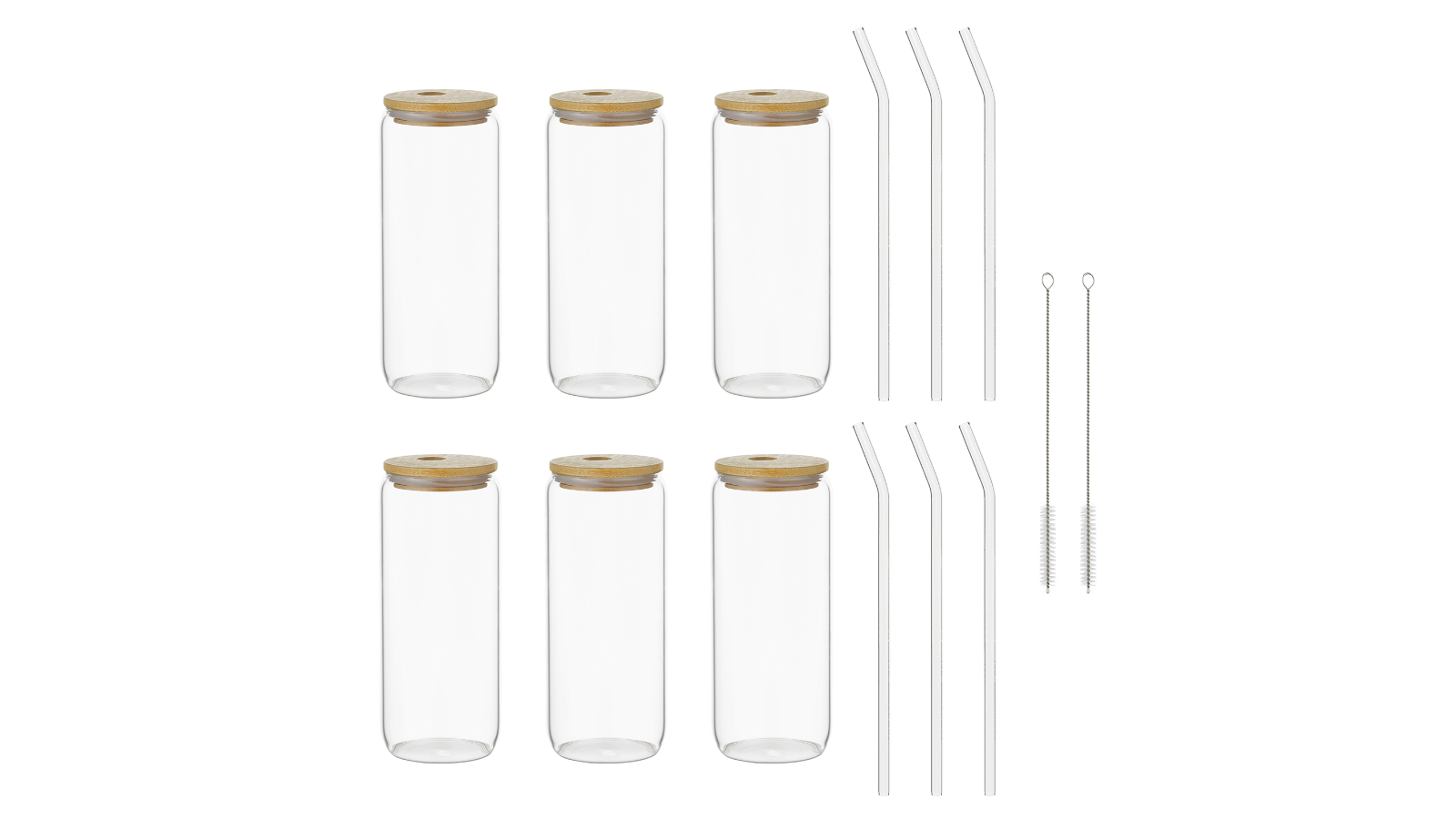 Set of 6 Glass Cups with Bamboo Lids Straw - 600ml
